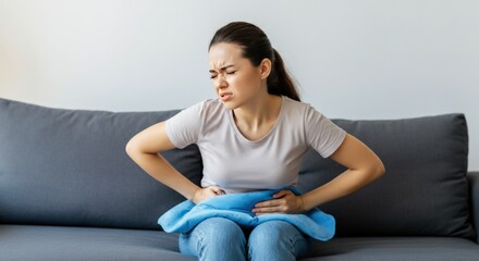 Fototapeta premium Woman with Stomach Ache Holding a Heating Pad
