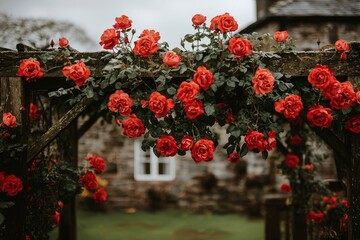 Fototapeta premium Red Roses Cascading Over a Wooden Archway