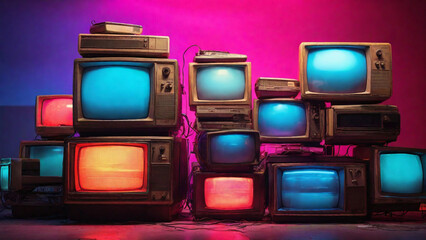 Vintage Televisions Piled Up Against Colorful Neon Glow – Retro Tech Vibe.