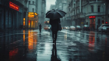 Obraz premium A person walking with an umbrella on a rainy street illuminated by city lights during twilight