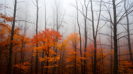 Obraz premium Autumn forest in fog. Colorful trees in autumn forest.