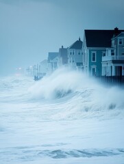 Waves crash over the shore as storm clouds gather near seaside houses in a coastal town during twilight