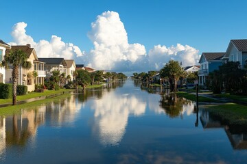Picturesque waterfront view of suburban homes along a calm canal under a bright blue sky with large clouds in Florida