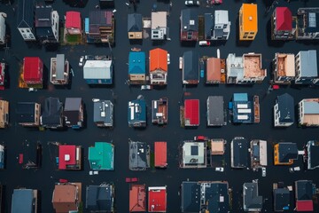 Aerial view of colorful houses partially submerged in floodwaters during a rainy season in an urban area