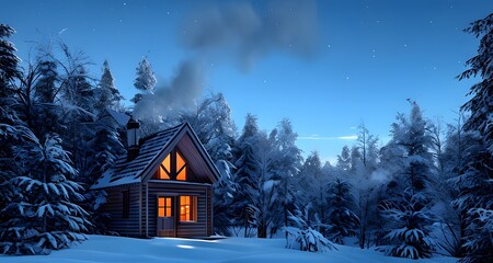 Log Cabin Surrounded by Snowy Pines on a Chilly Night_011