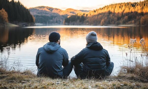 two friends in autumn relaxing and talking deeply about life at the fall lake in morning
