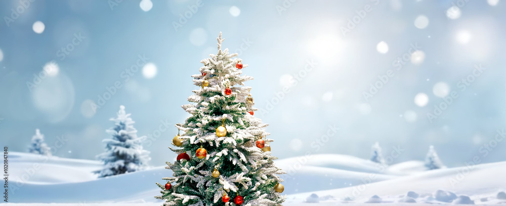 Poster christmas tree decorated with red and yelloq balls in forest in snowdrifts in snowfall on nature out