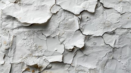 Close-up of a white painted wall with cracks and peeling paint.