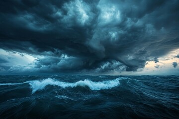 Dramatic storm clouds gather over a turbulent ocean as waves crash under a moody sky at dusk