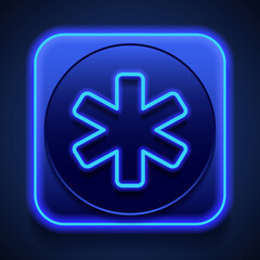 Medical symbol simple icon vector. Flat design. Blue neon style on button. With shadow