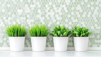 Obraz premium Four potted plants are lined up on a white wall