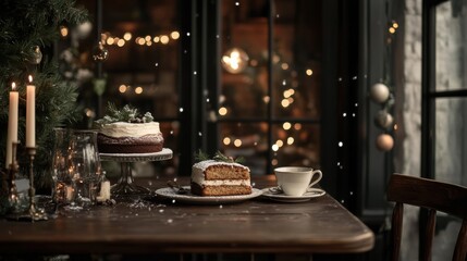 Naklejka premium A table with a cake and a cup of coffee