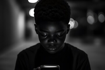 a blacked boy Using Smartphone in Dimly Lit Room