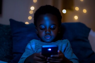 a blacked boy Using Smartphone in Dimly Lit Room