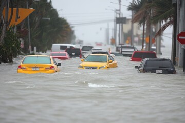 Severe flooding disrupts traffic in urban area with submerged vehicles during stormy weather conditions