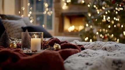 A lit candle sitting on a bed in front of a christmas tree