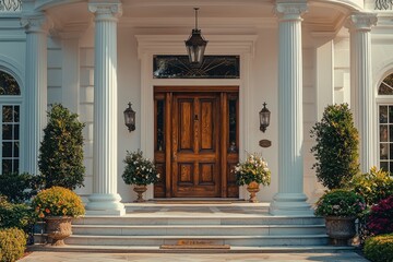 Classic White Mansion Entrance with Double Wooden Doors