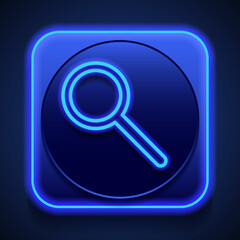 Magnifier, zoom simple icon vector. Flat design. Blue neon style on button. With shadow