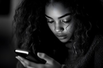 A young Black woman in her late teens sits on the edge of an unmade bed at night, looking down at her phone screen