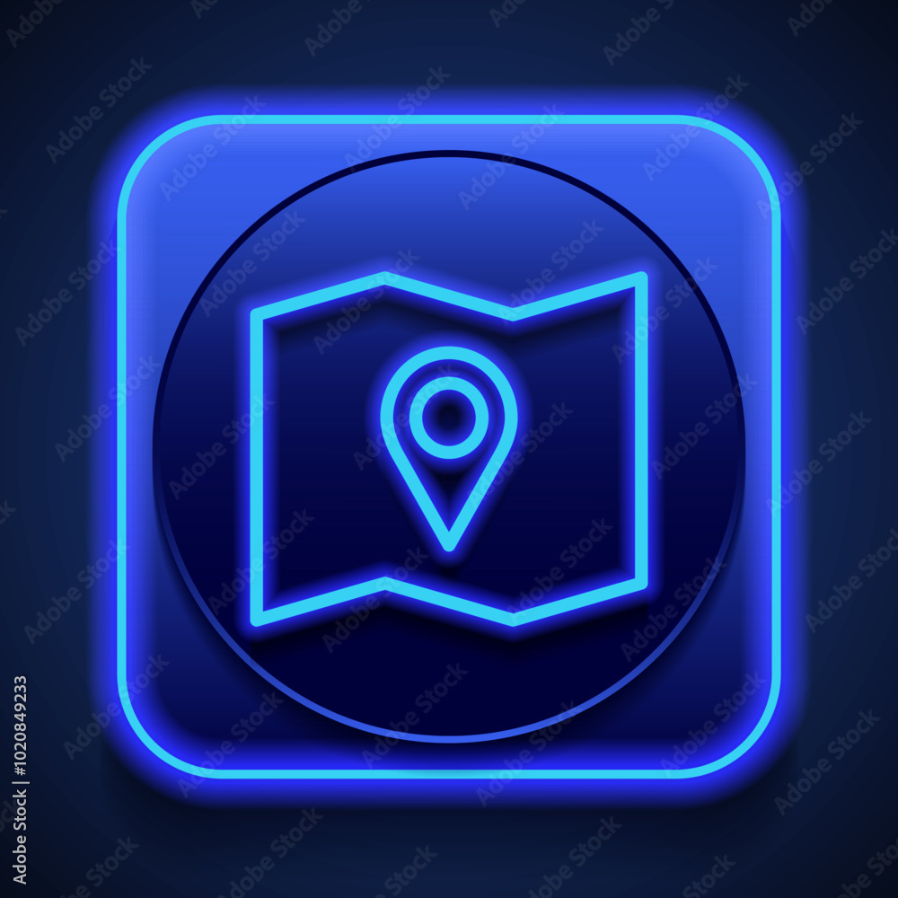 Poster map simple icon vector. flat design. blue neon style on button. with shadow