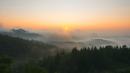 Obraz premium Amazing view of the foggy mountain from peak AI generated image, aiTravel background.