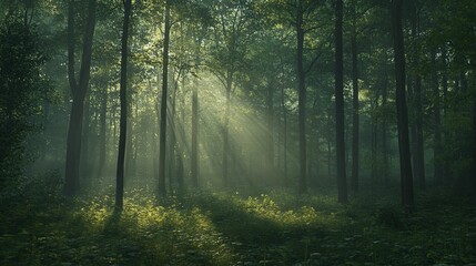 Obraz premium Sunbeams Filtering Through a Misty Forest