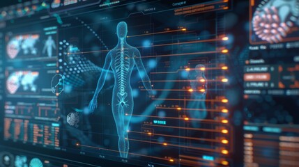 DNA medical screen hologram science hud data analysis body research background futuristic. Screen DNA infographic medical scan health digital 3d technology medicine human tech ui graph interface lab.
