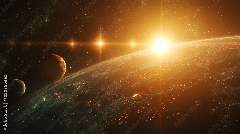 Wall mural a distant star system with multiple suns casting different colors on the planets