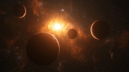 A distant star system with multiple suns casting different colors on the planets