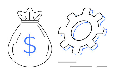 An image of a money bag with a dollar symbol next to a gear. Ideal for finance, investment, economics, business, and productivity. Simple line art style accentuated with blue highlights for emphasis