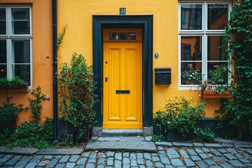 Fototapeta premium Yellow Doorway with Black Frame and Cobblestone Street