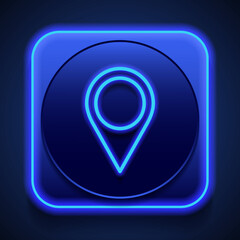 Location pointer simple icon vector. Flat design. Blue neon style on button. With shadow