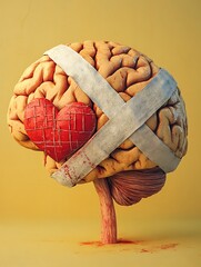 Brain with Bandage and Heart Symbol Representing Mental Health Healing and Care