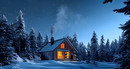 Log Cabin Surrounded by Snowy Pines on a Chilly Night_059