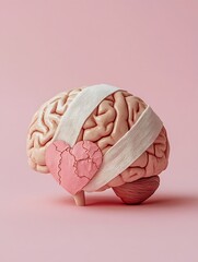 Brain with Bandage and Heart Symbol Representing Mental Health Healing and Care