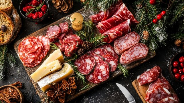 Festive charcuterie board with assorted meats, cheeses, and holiday decorations