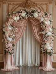 Elegant floral arch featuring pink and white blossoms in a lavish indoor setting.