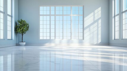 Fototapeta premium A large, empty room with a large window and a potted plant