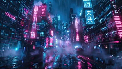 Neon-lit cityscape at night with rain and reflections in the wet street