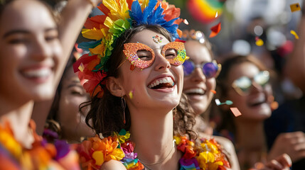 Happy LGBTQ teen family celebrating pride vibrant rainbow