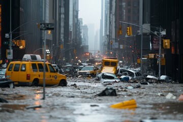 Devastating flood in a busy urban street with submerged vehicles and heavy rain during a storm in a...