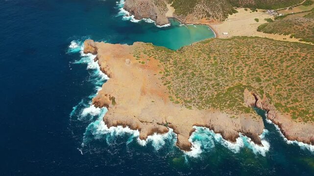 Aerial view on Cala Domestica Beach and landscape around. Sardinia, Italy