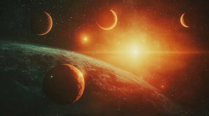 A distant star system with multiple suns casting different colors on the planets