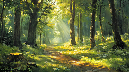 Obraz premium Gr�nes Wald Panorama im Sommer: A panoramic view of a lush green forest in summer, capturing the vibrant and verdant foliage of the woodland.