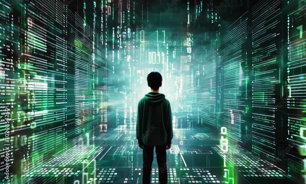 Poster boy on binary code background in digital world