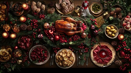Fototapeta premium Christmas feast table decorated with festive ornaments and candles