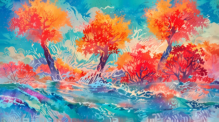 Vivid Anime Abstract Tropical Sunset with Palm Trees Reflected on Ocean Waters And Waves