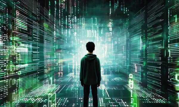 boy on binary code background in digital world