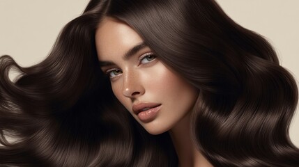 Fototapeta premium Premium hair dye packaging image featuring a woman with well-groomed, voluminous dark natural brown wavy hair