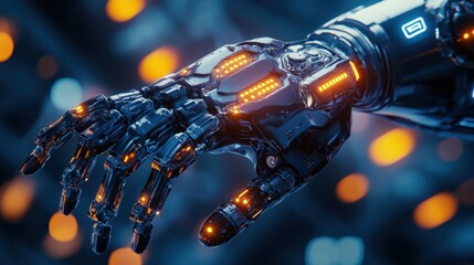 Detailed close-up of a cybernetic arm prosthesis, high-tech design with glowing LED elements, dark background